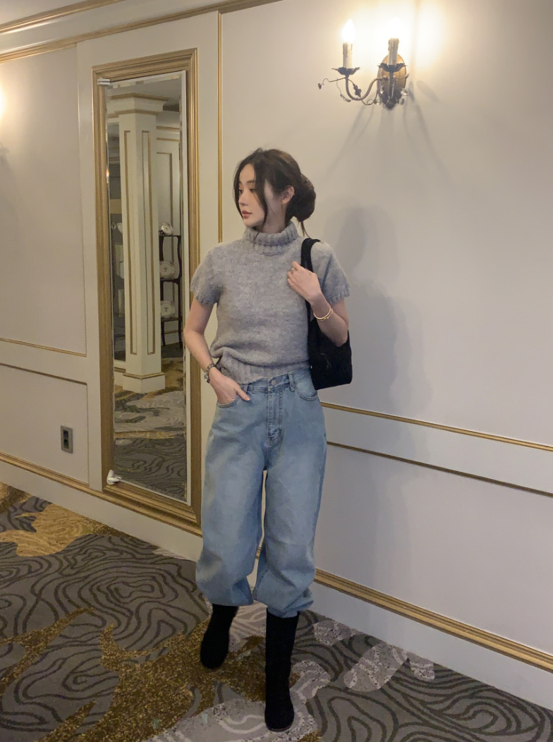 【即納】ハイネックリブニットトップス