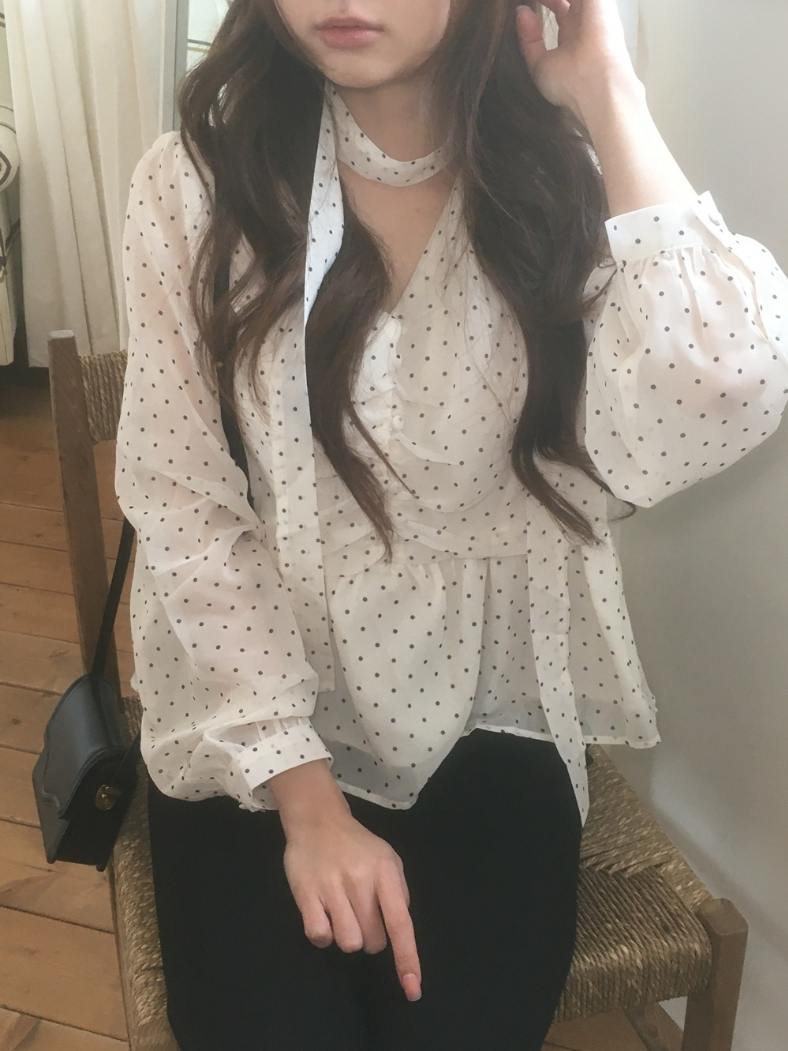 週末限定2BUY10%OFF|【即納】クラシックドット タイネックシフォンブラウス