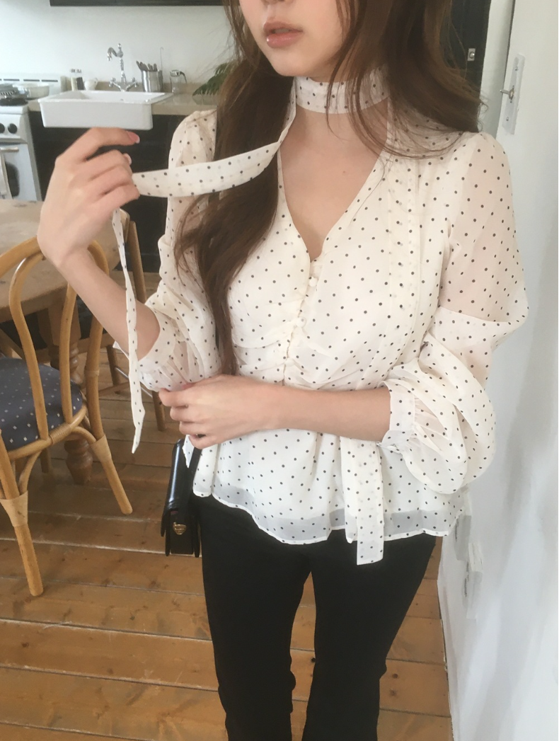 【新作 3/27(金)PM12:00~販売START】クラシックドット タイネックシフォンブラウス