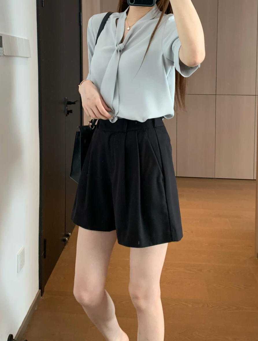 【即納】ハイウエストタックショートパンツ