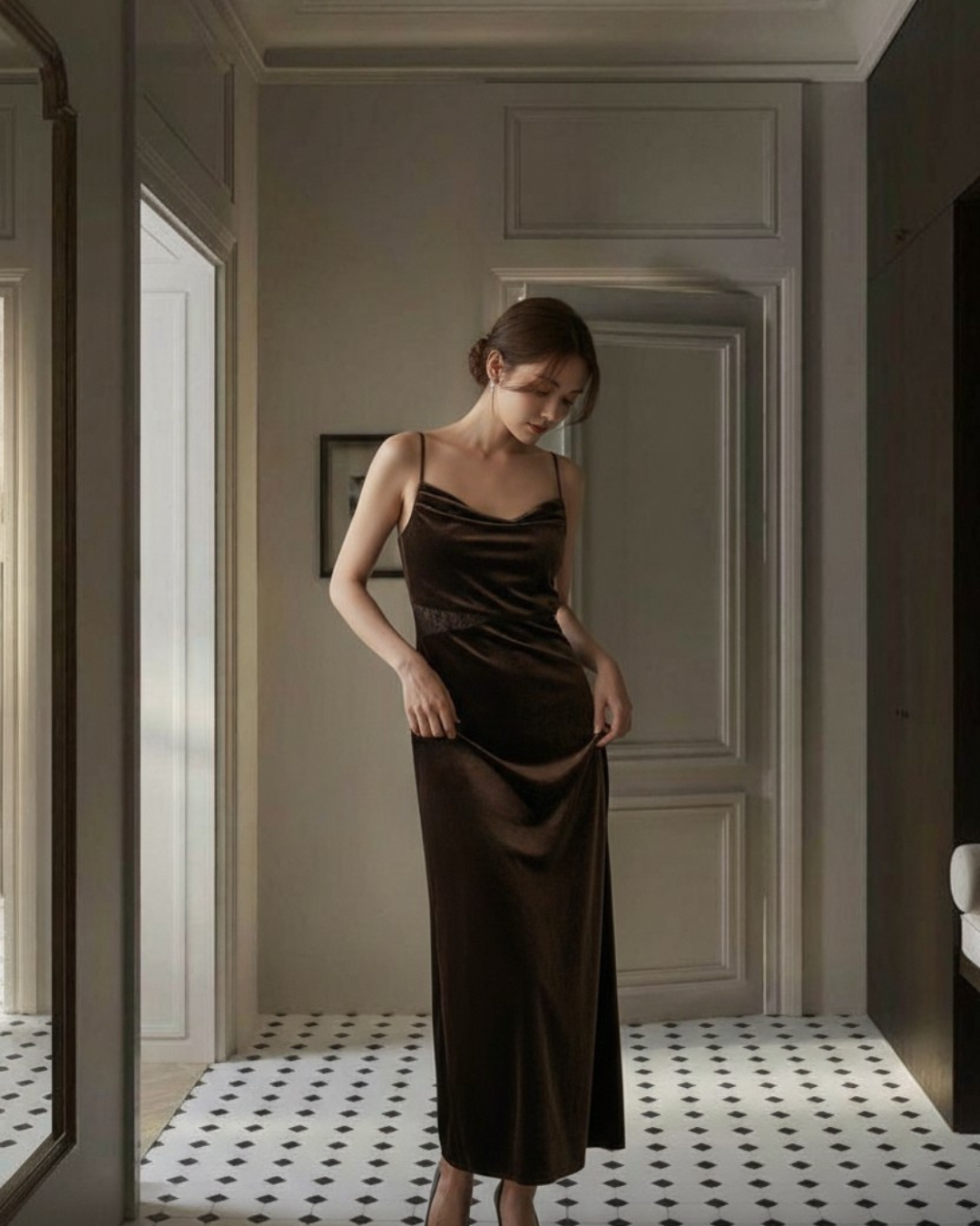 【即納】ドレープライン ベルベットキャミワンピース