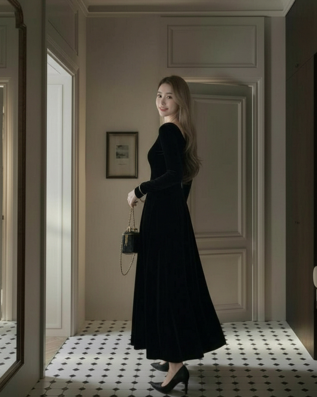 即納】クラシカルフレアベロアロングドレス – BLACKOUT