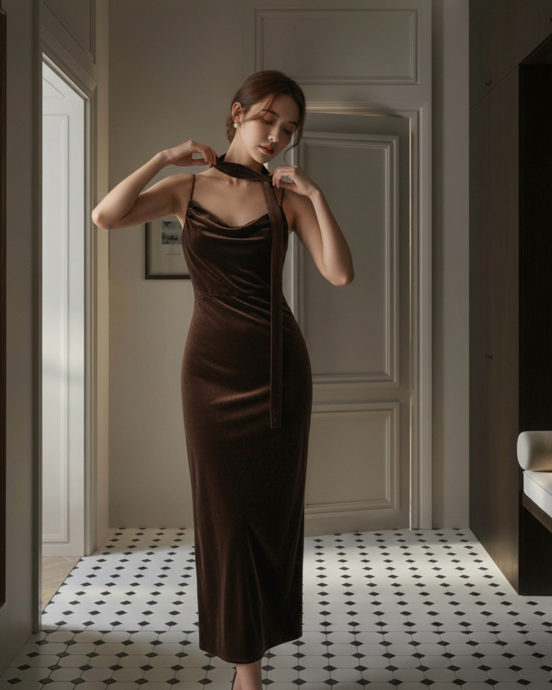 【即納】ドレープライン ベルベットキャミワンピース