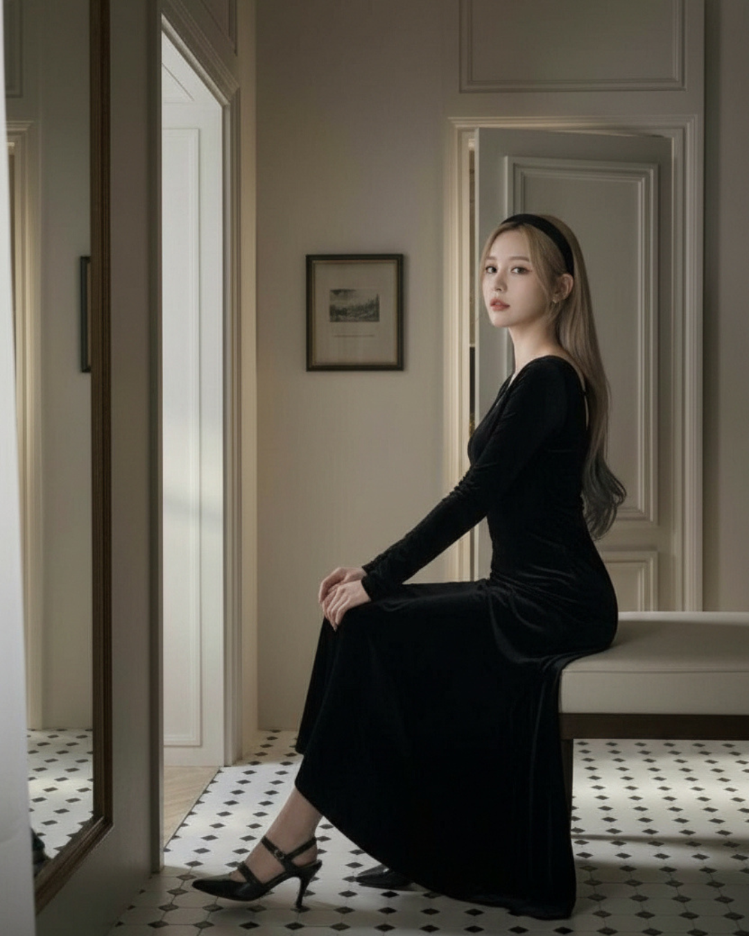 【即納】クラシカルフレアベロアロングドレス