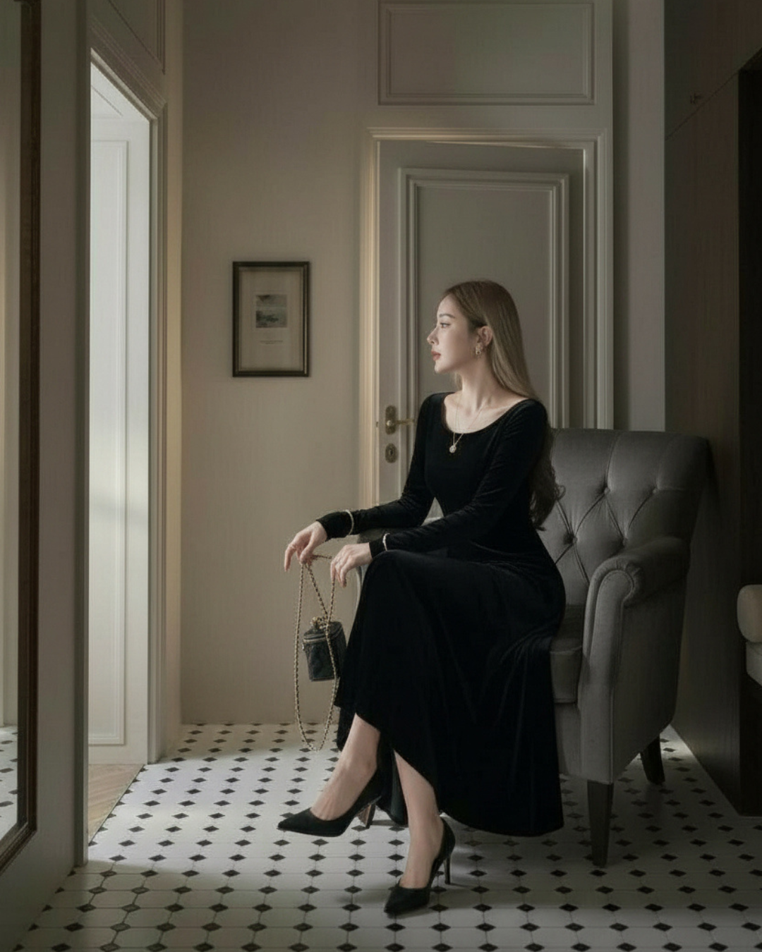 【即納】クラシカルフレアベロアロングドレス