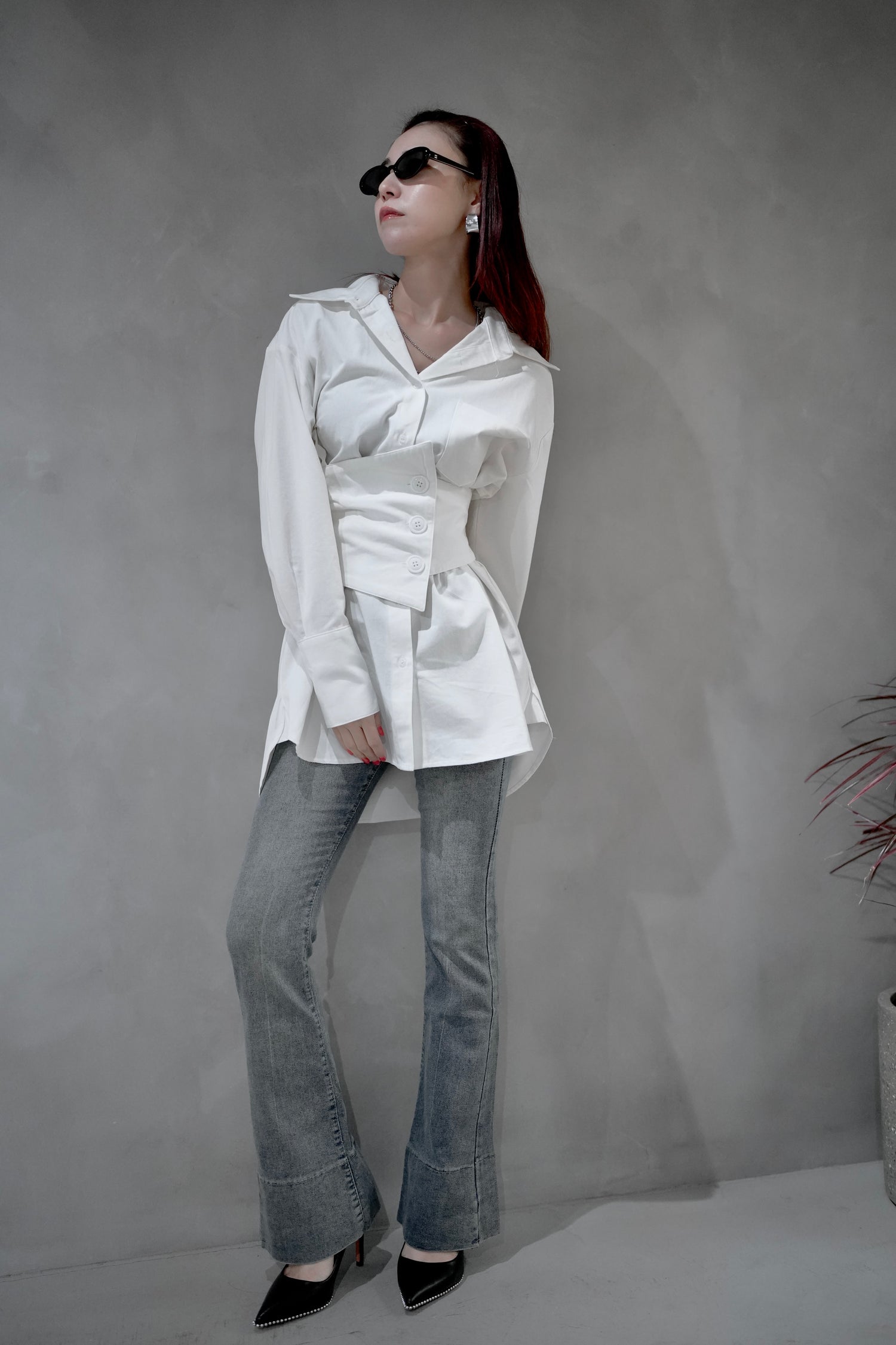 カットオフ切替フレアデニムパンツ