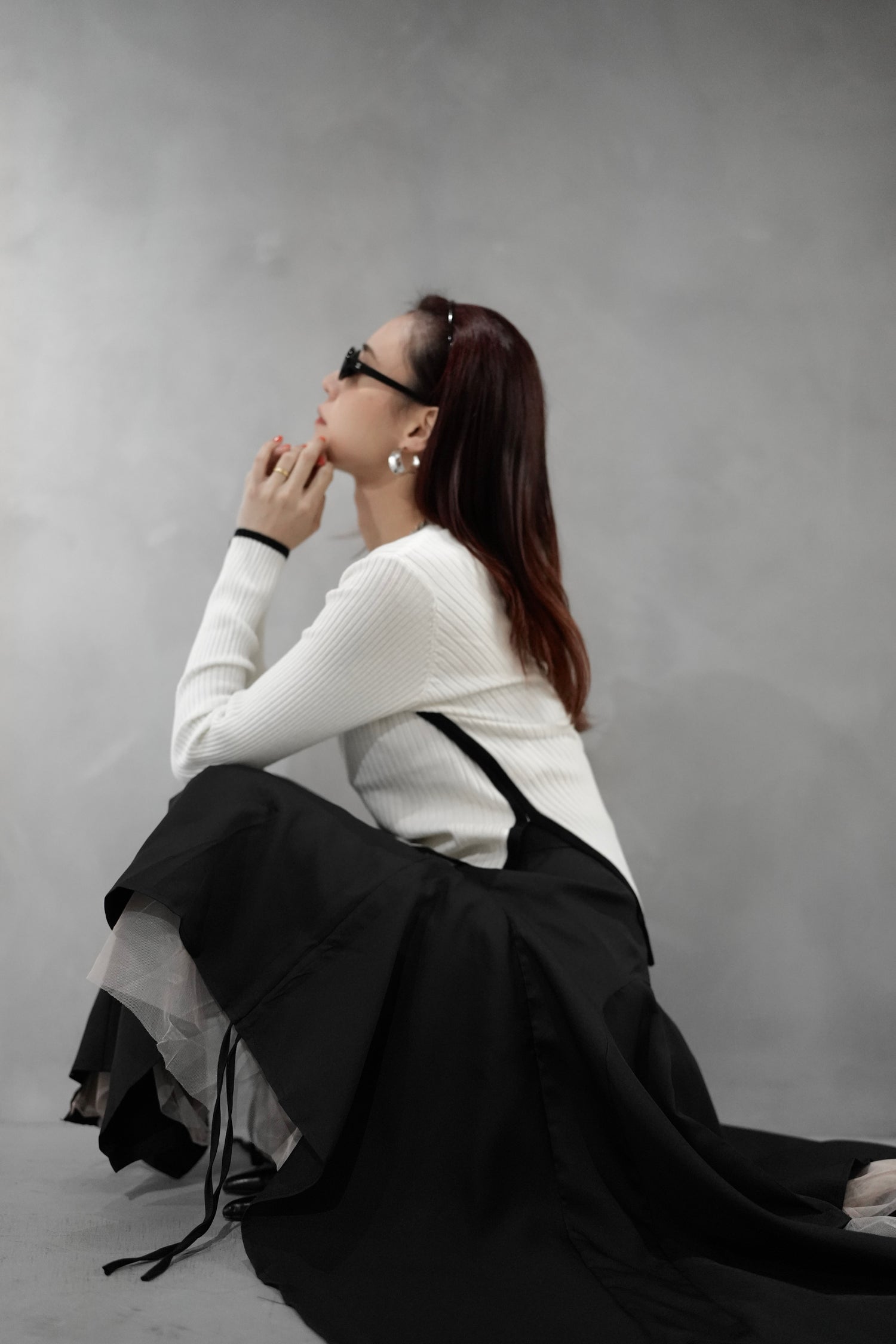 アシンメトリーヘム リブニットトップス