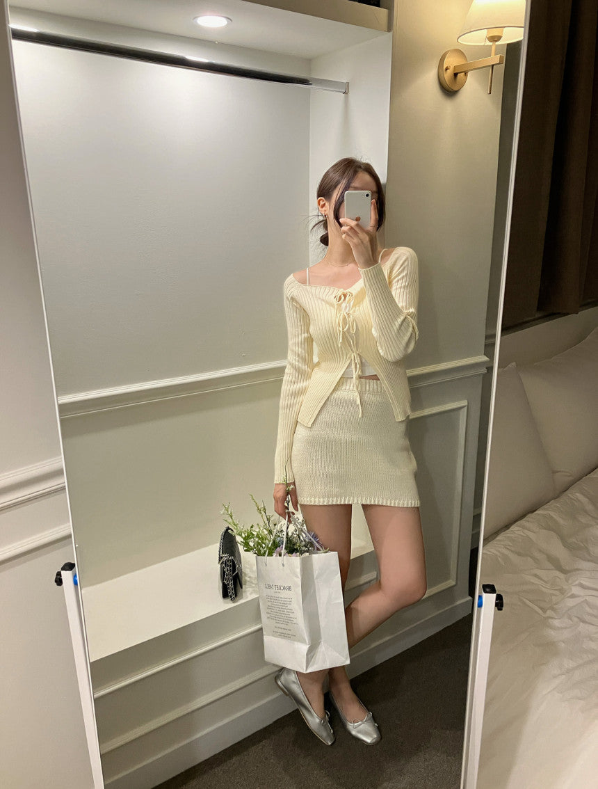 オフショルフロントリボンリブカーディガン