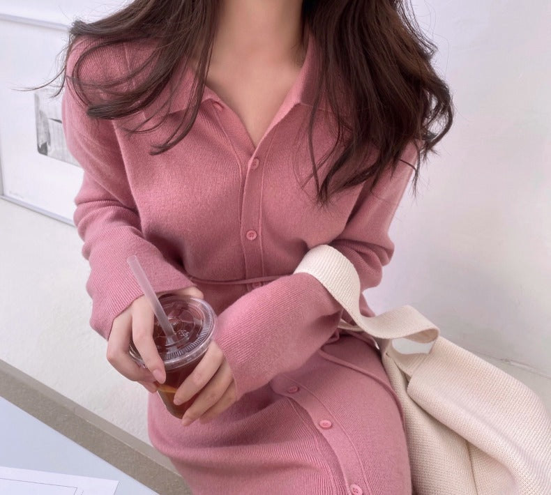 シンプルニットボタンワンピース