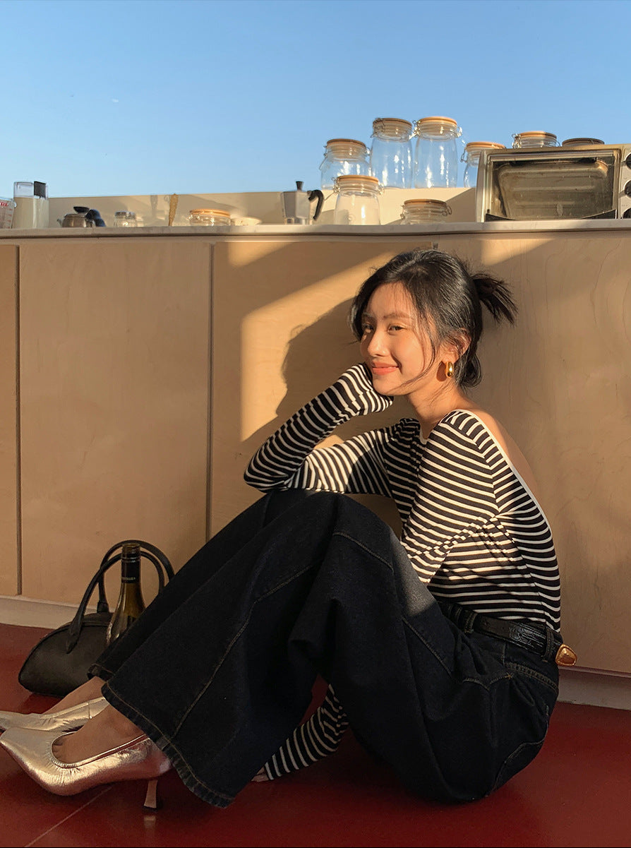 【即納】バックオープンボーダーカットソー