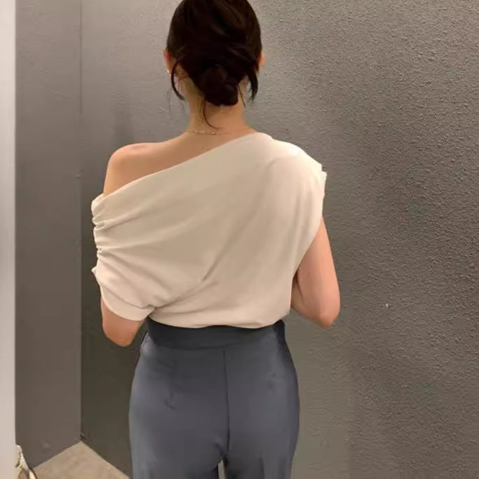 即納【新作 4/10(金)12:00~販売START】ギャザードレープワンショルトップス