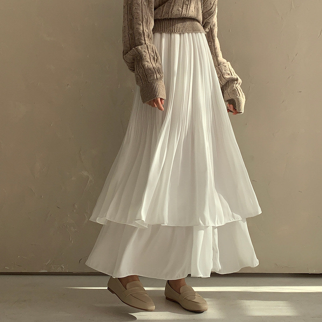 シフォンティアードプリーツロングスカート