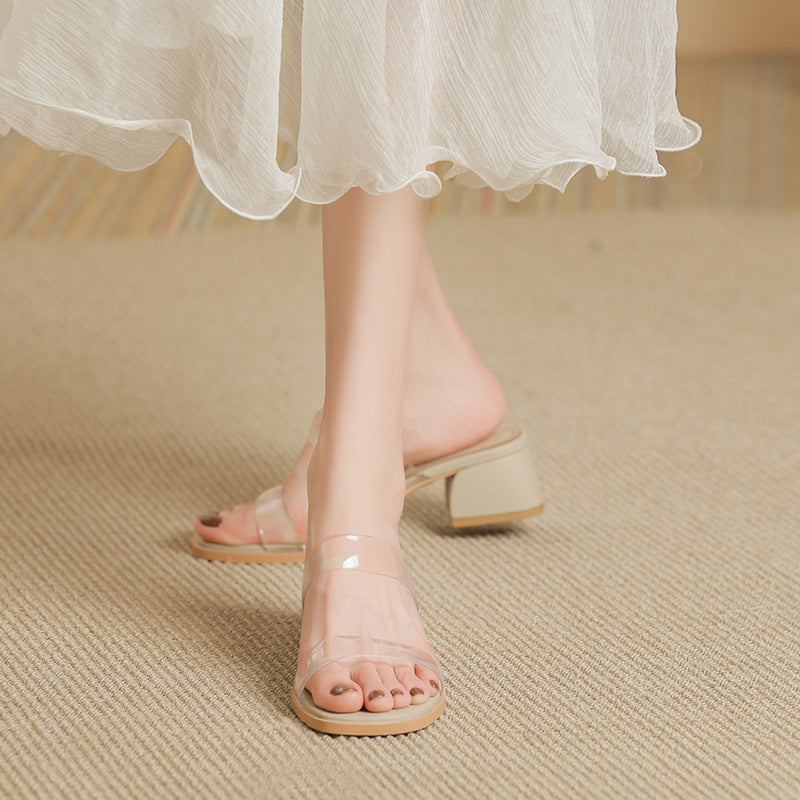 クリアダブルストラップチャンキーヒールサンダル