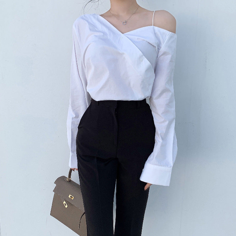 即納【新作 3/13(金)PM12:00~販売START】アシンメトリーカットアウトシャツ