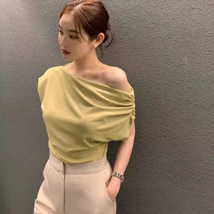 即納【新作 4/10(金)12:00~販売START】ギャザードレープワンショルトップス