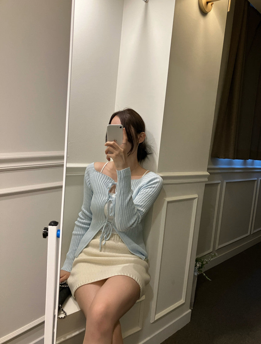 オフショルフロントリボンリブカーディガン