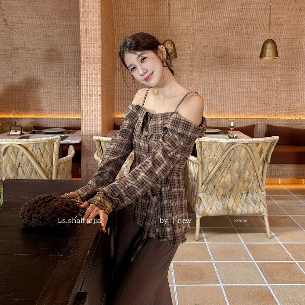 【一部即納】チェックオフショルダーブラウス