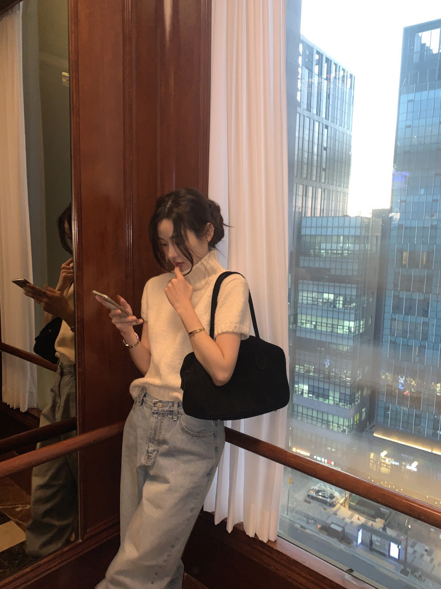 【即納】ハイネックリブニットトップス