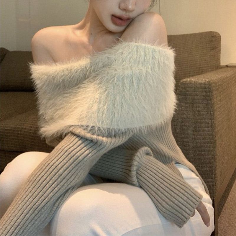 フェザーデザインオフショルニットトップス