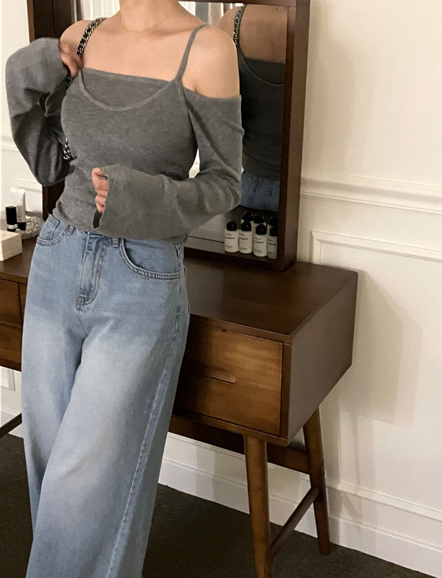 【即納】レイヤードオフショルダートップス