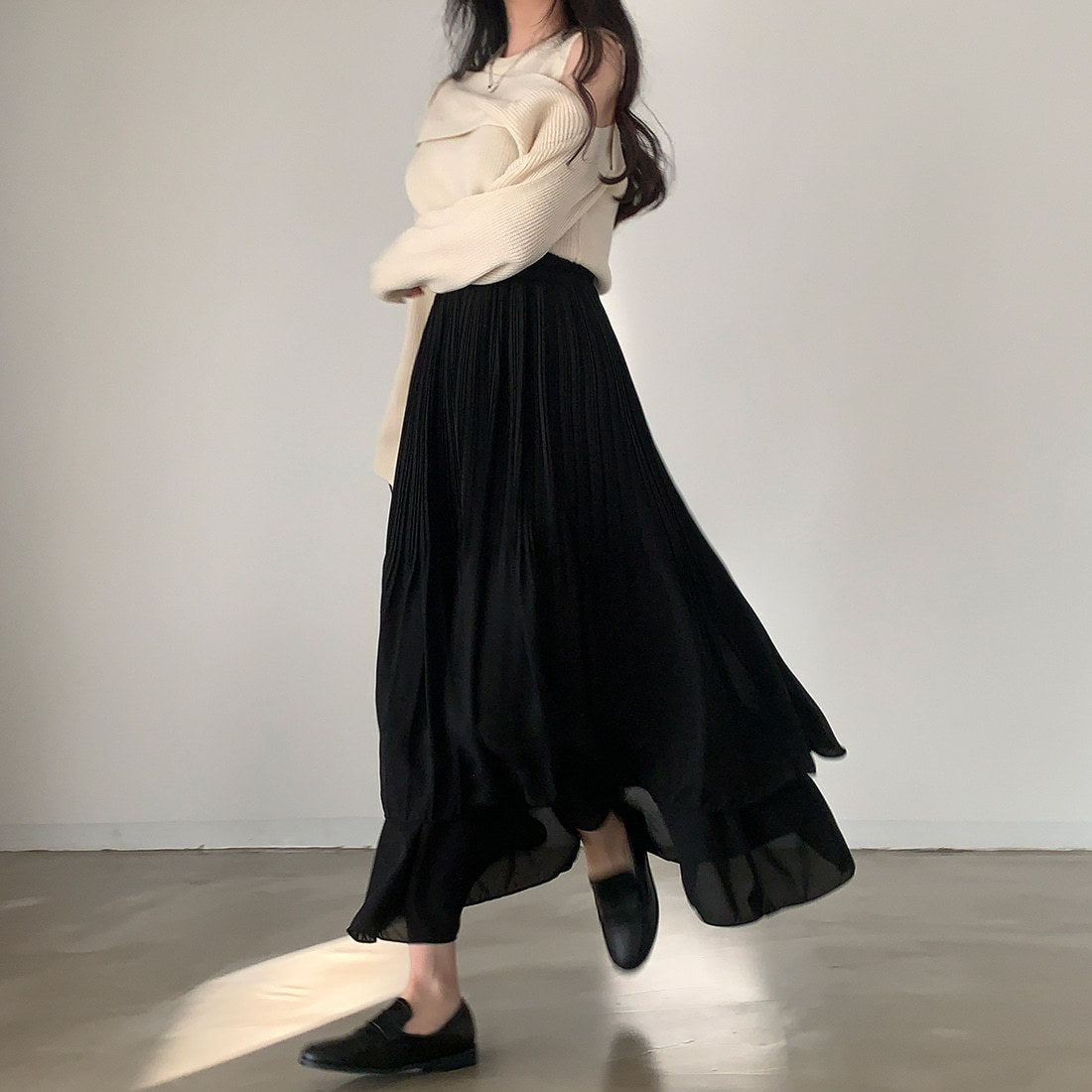 シフォンティアードプリーツロングスカート