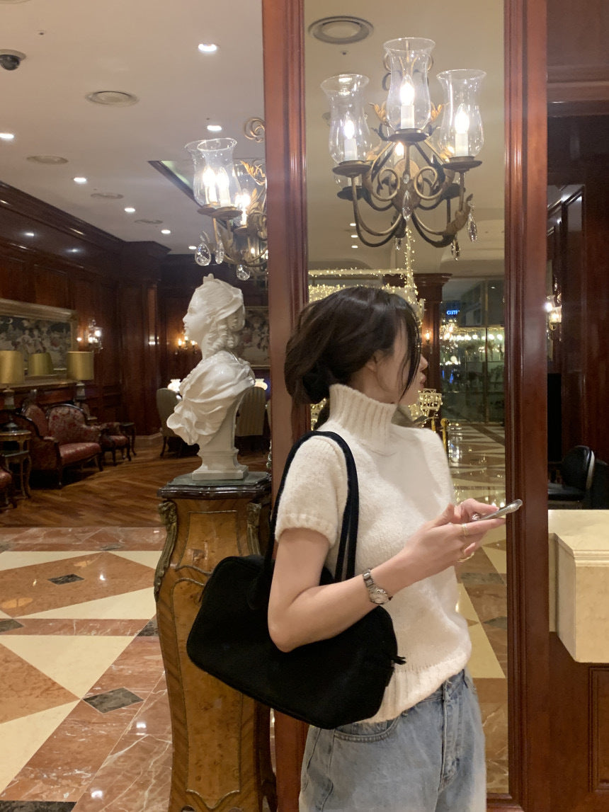 【即納】ハイネックリブニットトップス