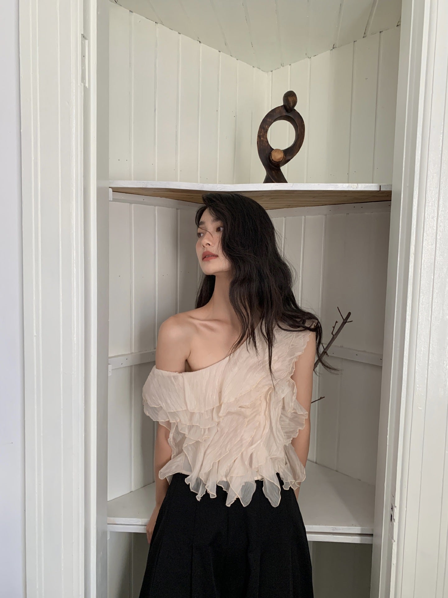 アシンメトリーシフォンフリルトップス