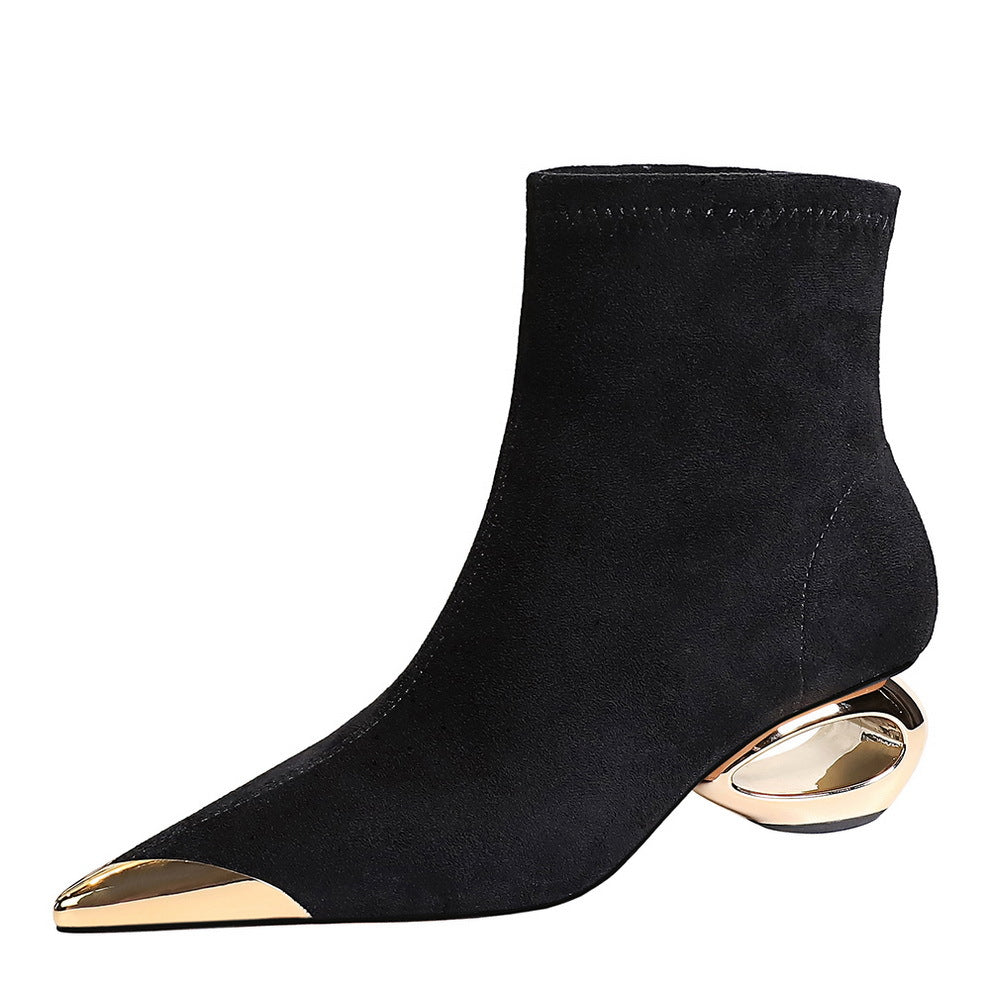 メタリックヒールデザインポインテッドトゥブーツ