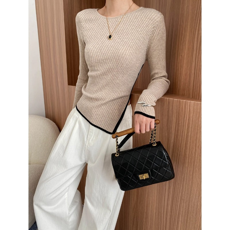 アシンメトリーヘム リブニットトップス