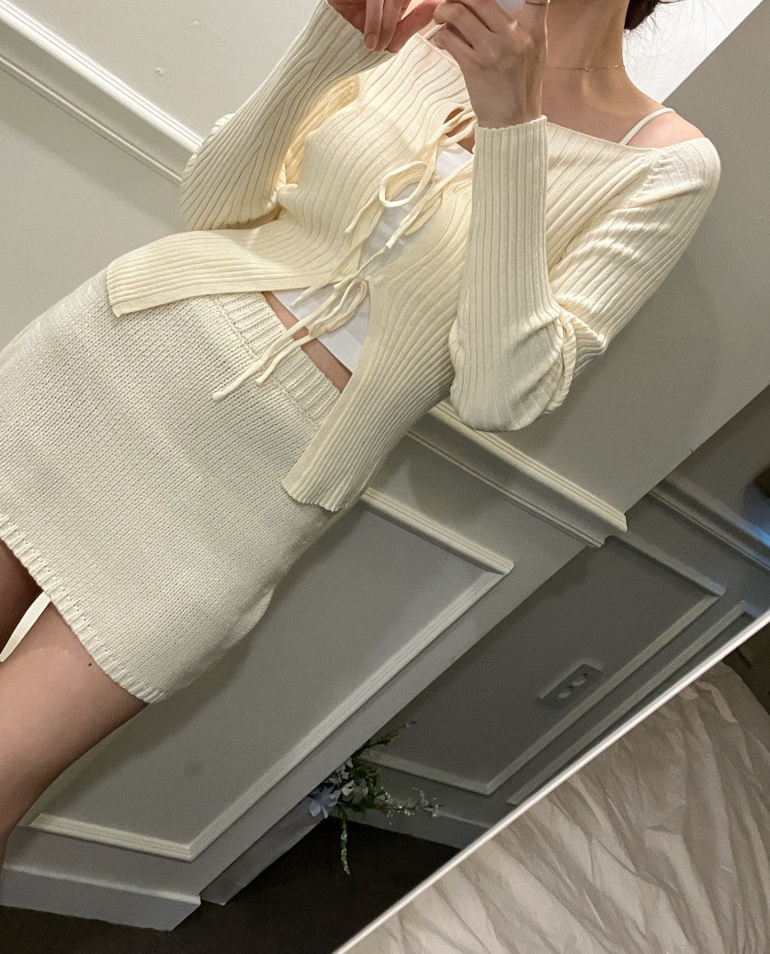 オフショルフロントリボンリブカーディガン