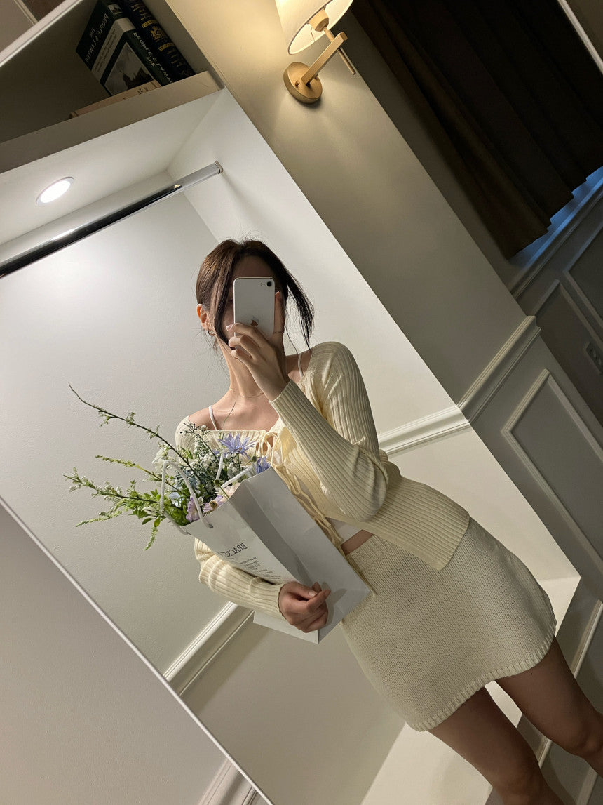 オフショルフロントリボンリブカーディガン