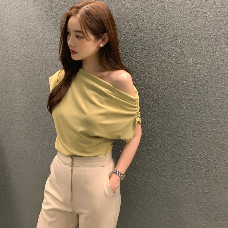 即納【新作 4/10(金)12:00~販売START】ギャザードレープワンショルトップス