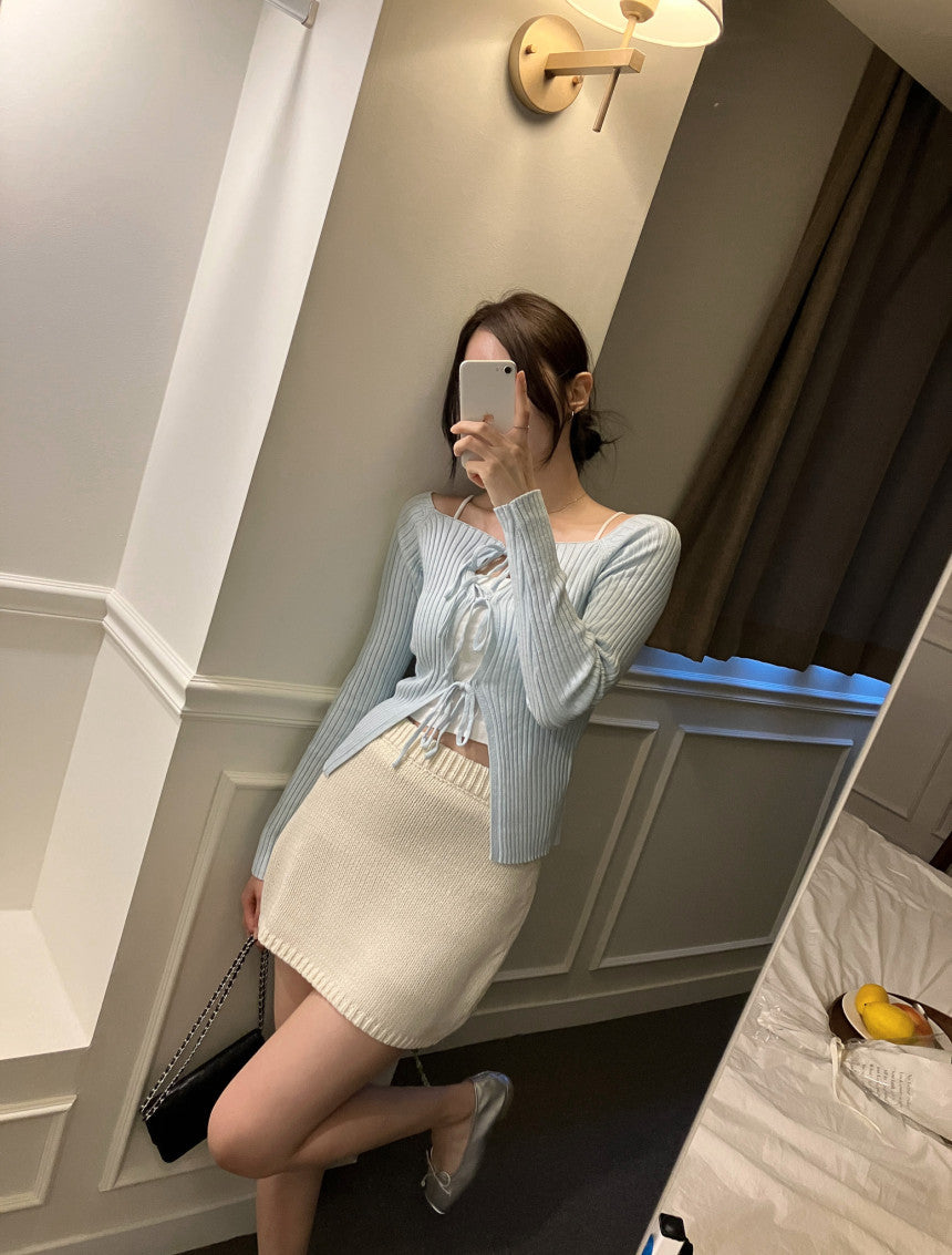 オフショルフロントリボンリブカーディガン