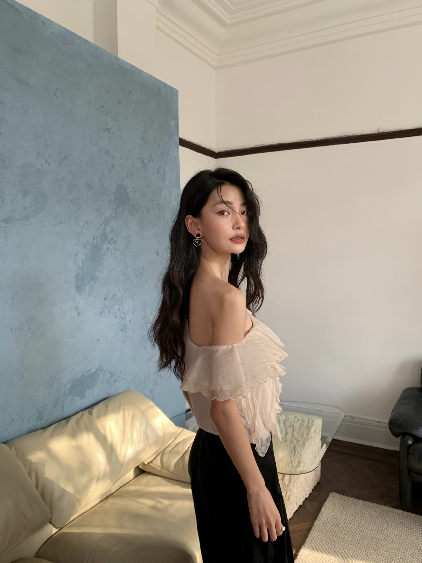 アシンメトリーシフォンフリルトップス