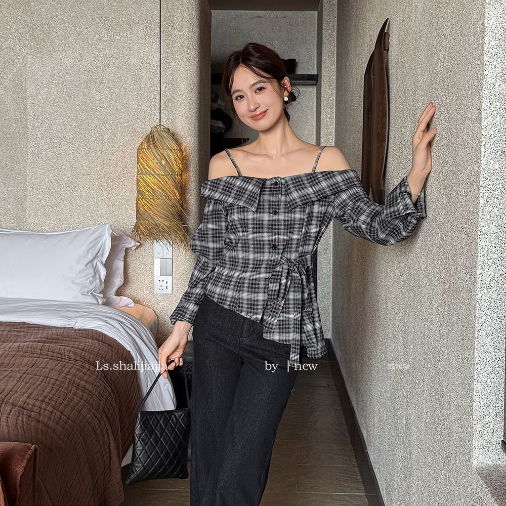 【一部即納】チェックオフショルダーブラウス