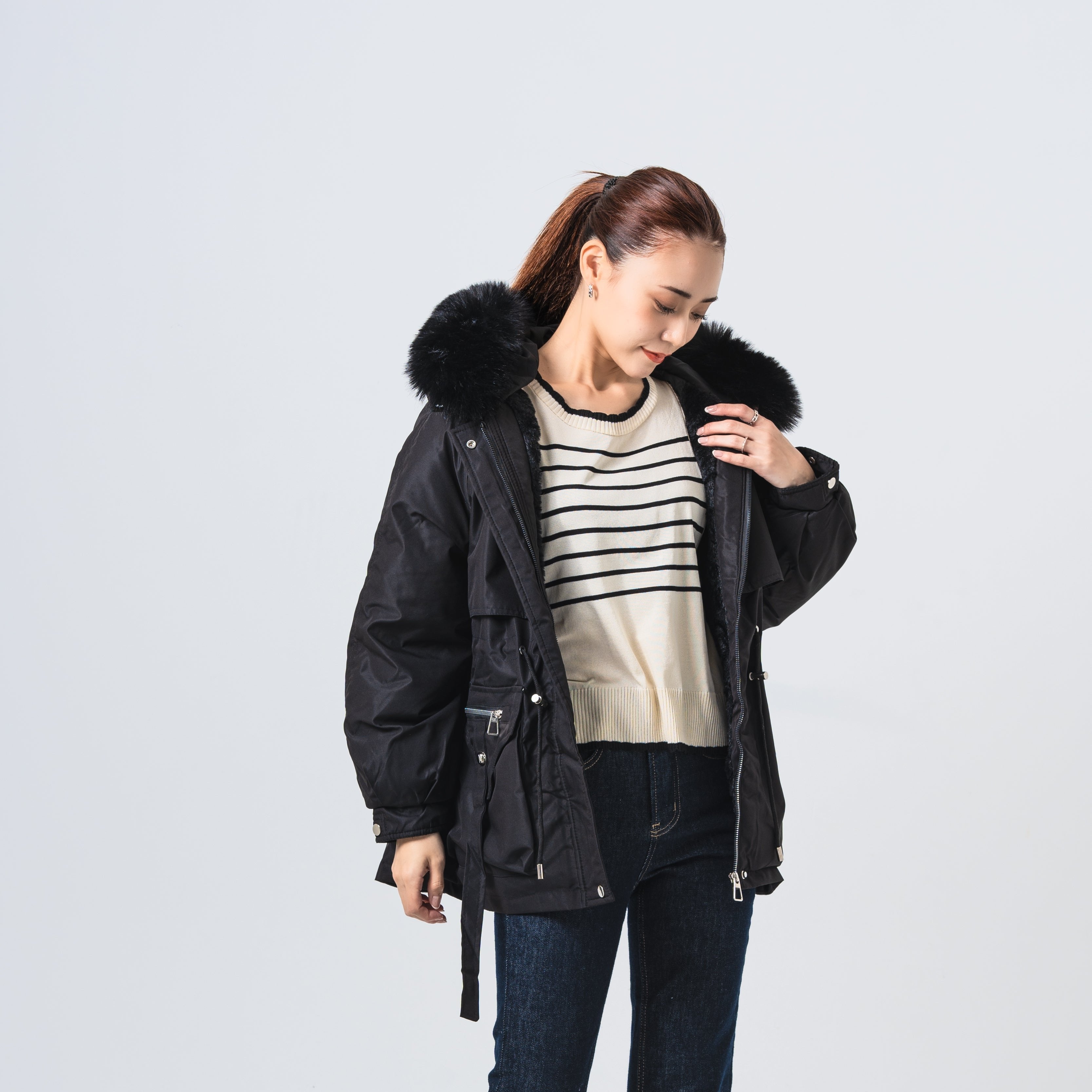 ファー付きウエストドロストコート