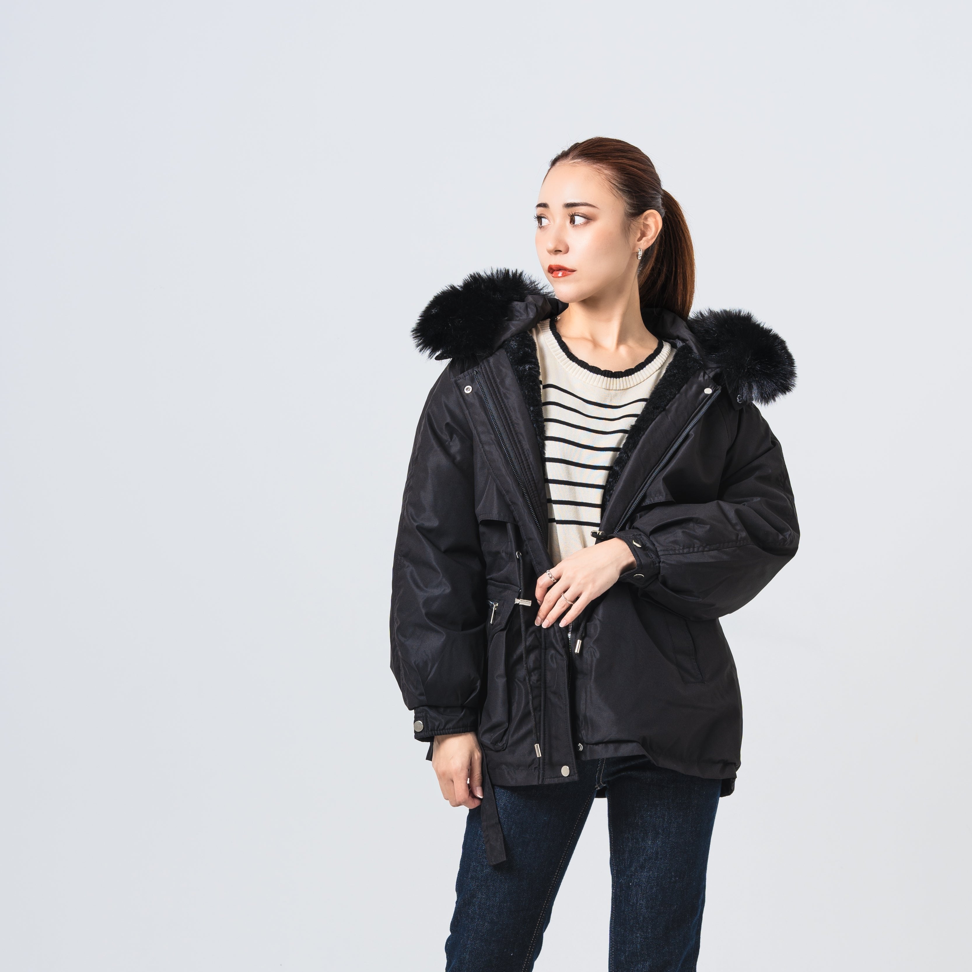 ファー付きウエストドロストコート