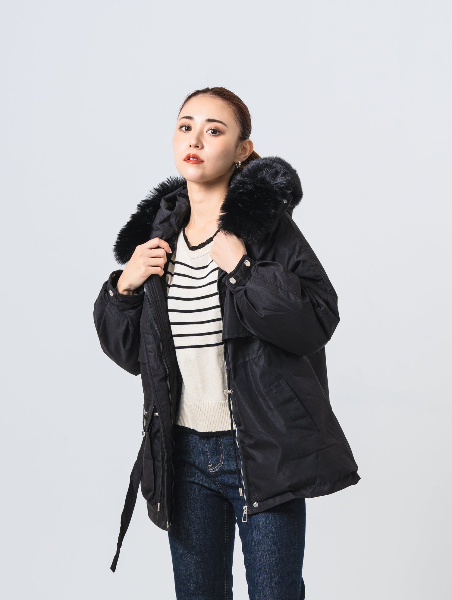 ファー付きウエストドロストコート