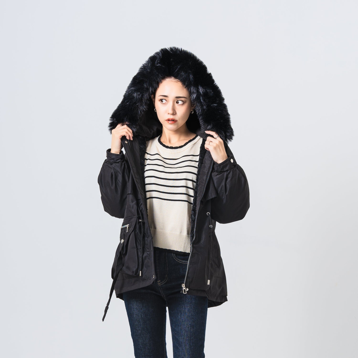 ファー付きウエストドロストコート