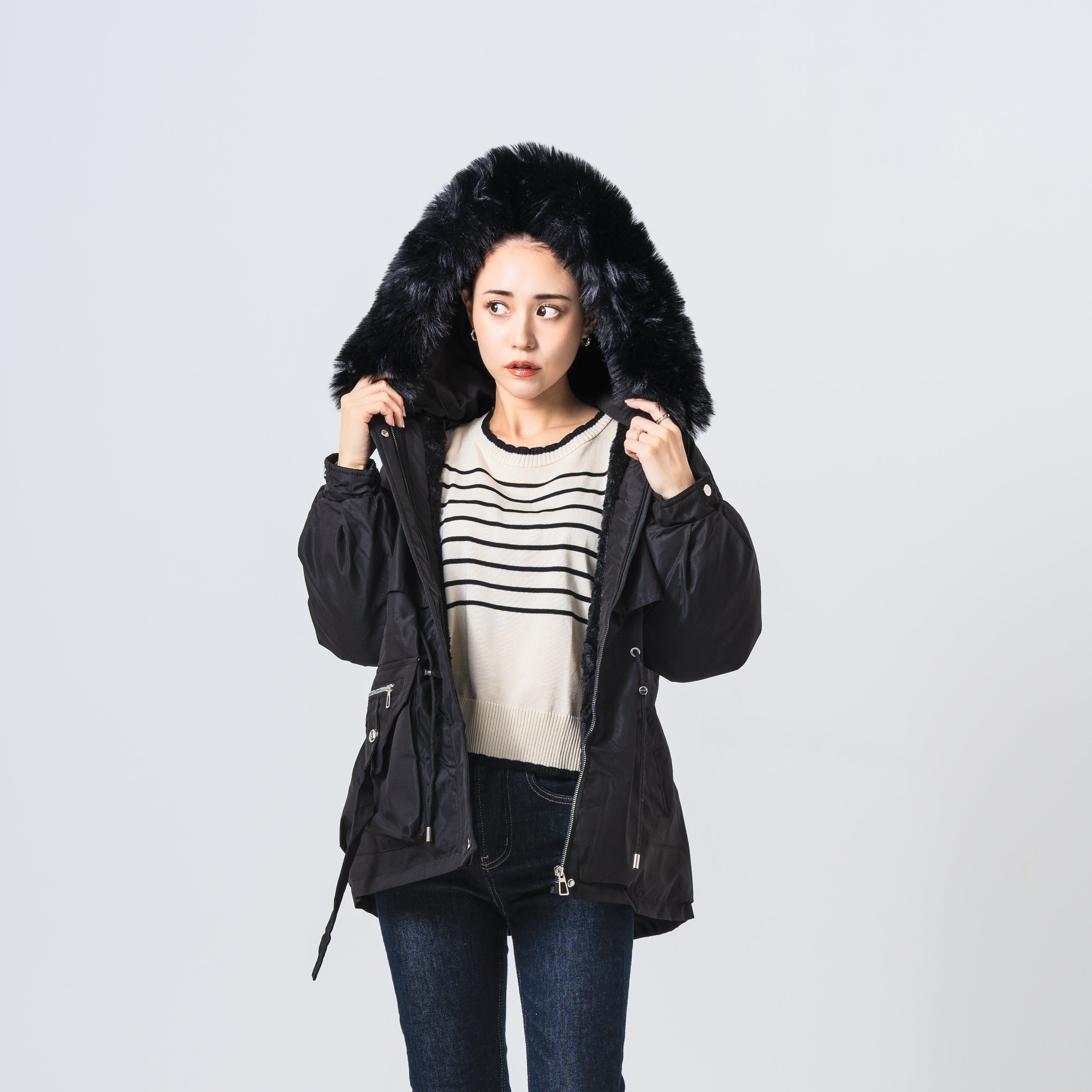 ファー付きウエストドロストコート