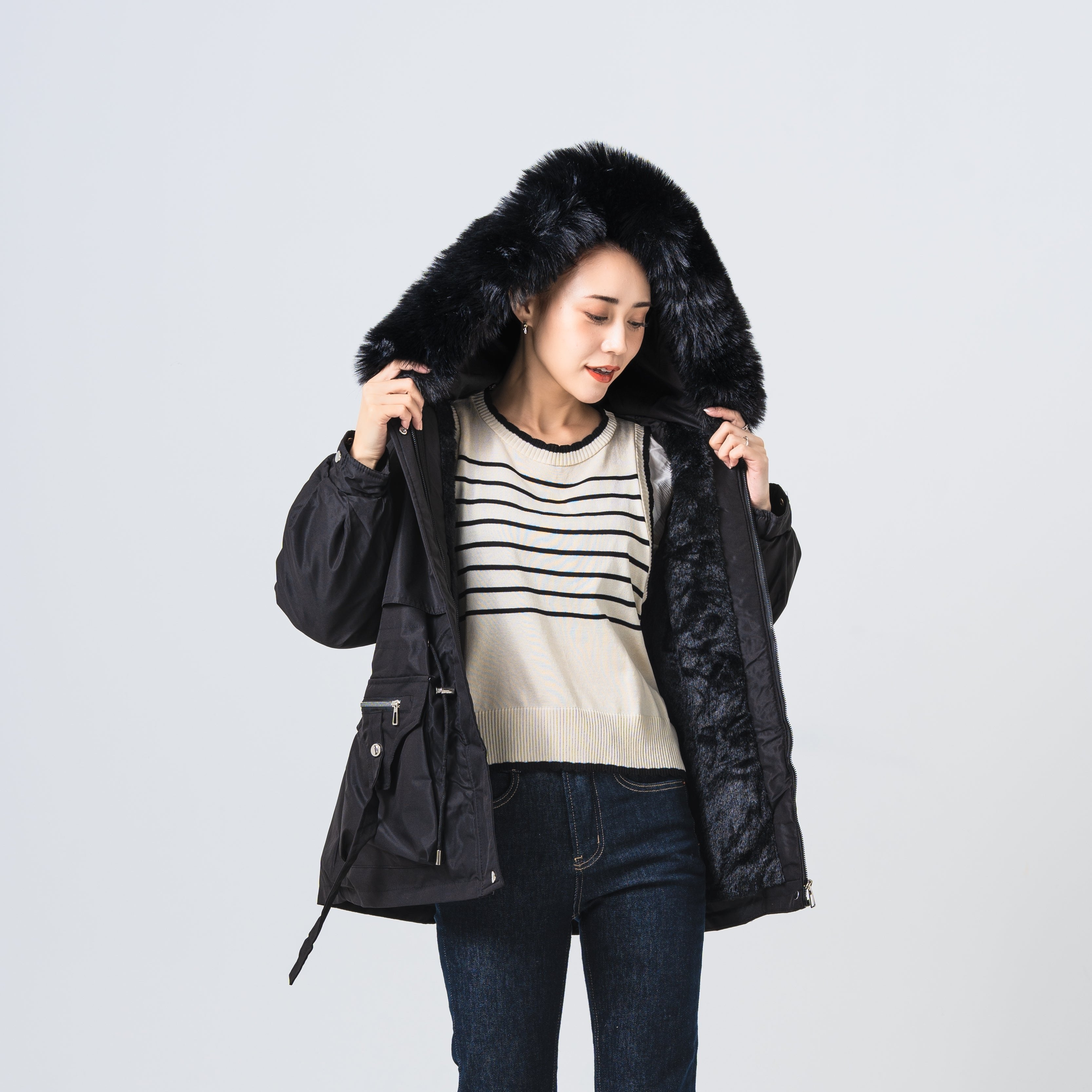 ファー付きウエストドロストコート