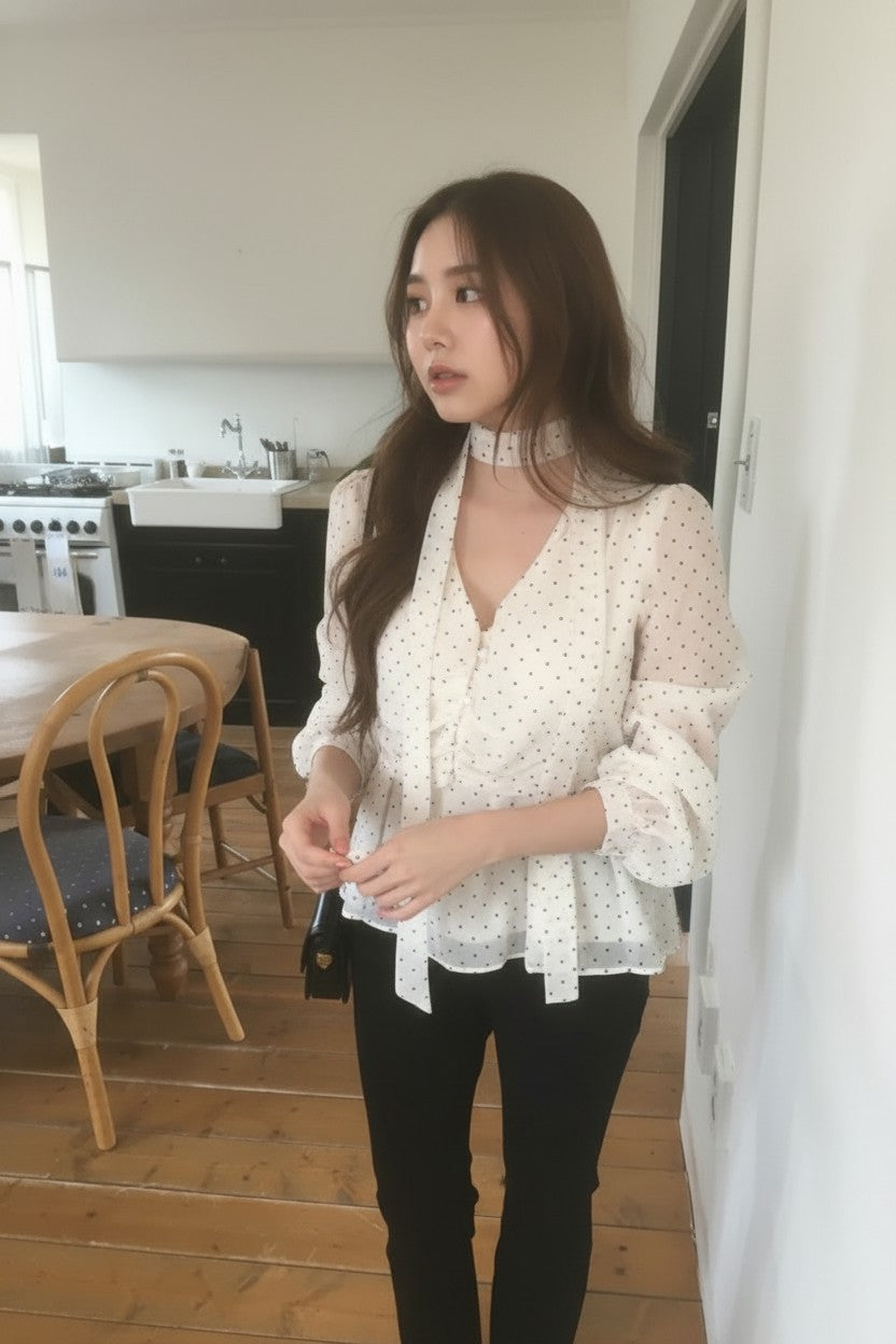 週末限定2BUY10%OFF|【即納】クラシックドット タイネックシフォンブラウス