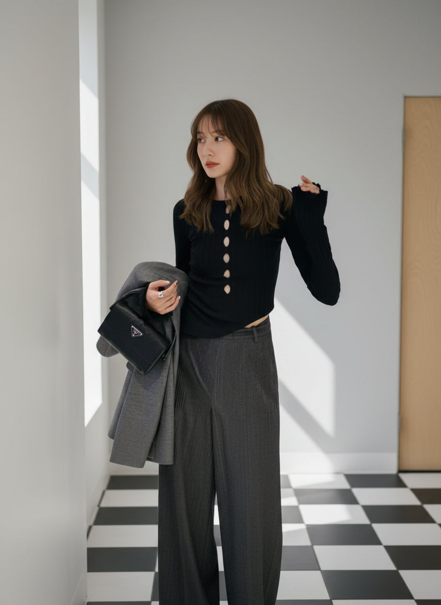 Set fair対象 | 27日(金)0:00~【即納】フロントカットアウトリブニットトップス