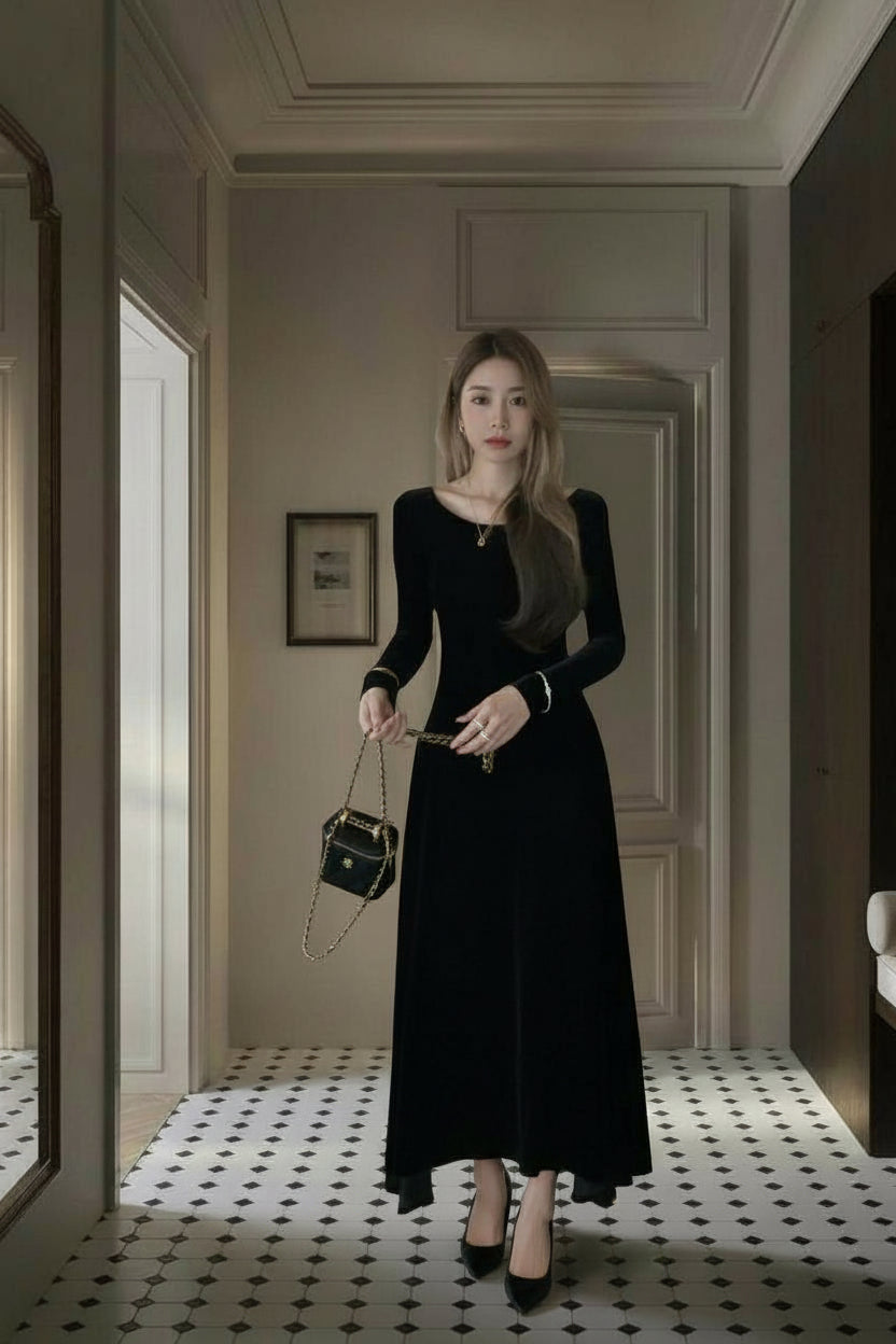 【即納】クラシカルフレアベロアロングドレス