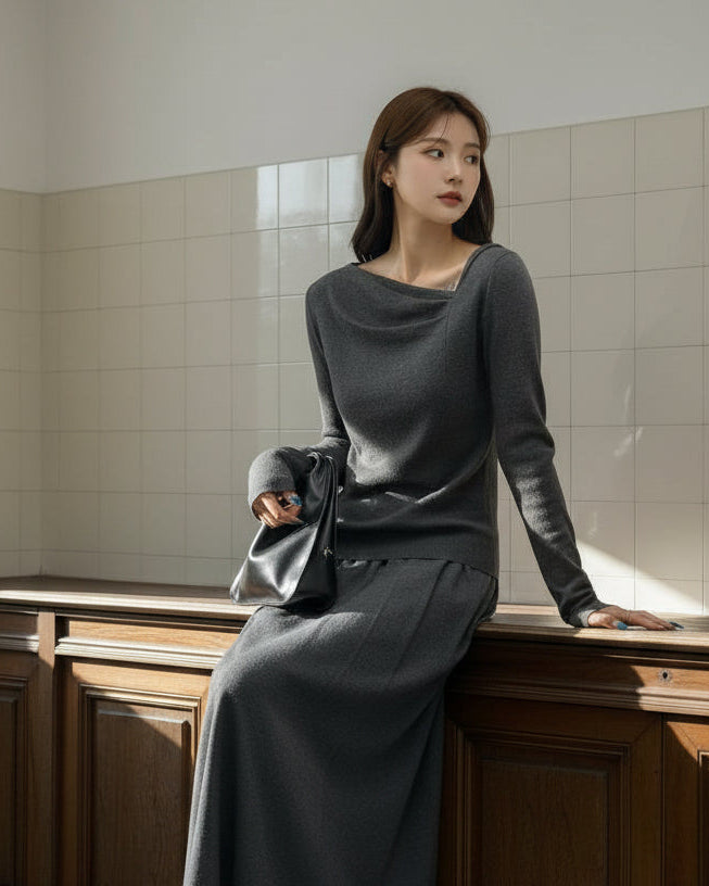 【即納】アシンメトリードレープネックニットトップス