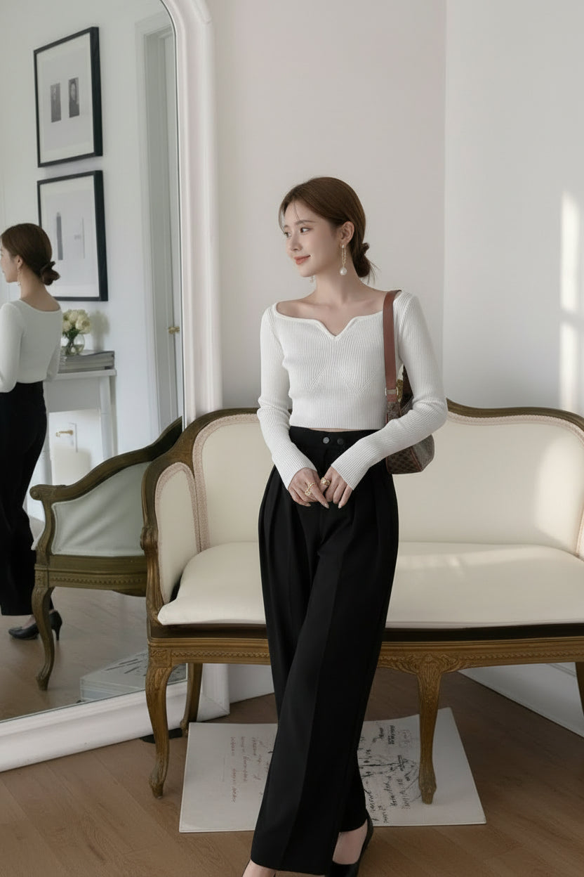 【予約】カーブネックリブニットトップス