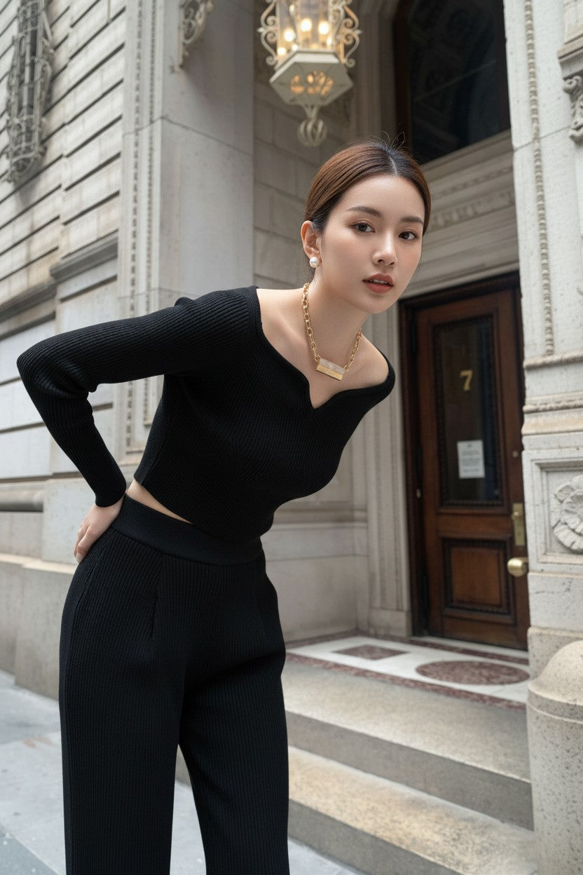 【予約】カーブネックリブニットトップス