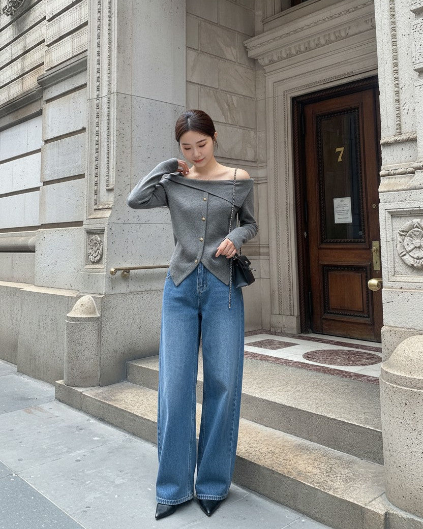 【即納】アシメオフショルボタンニットトップス