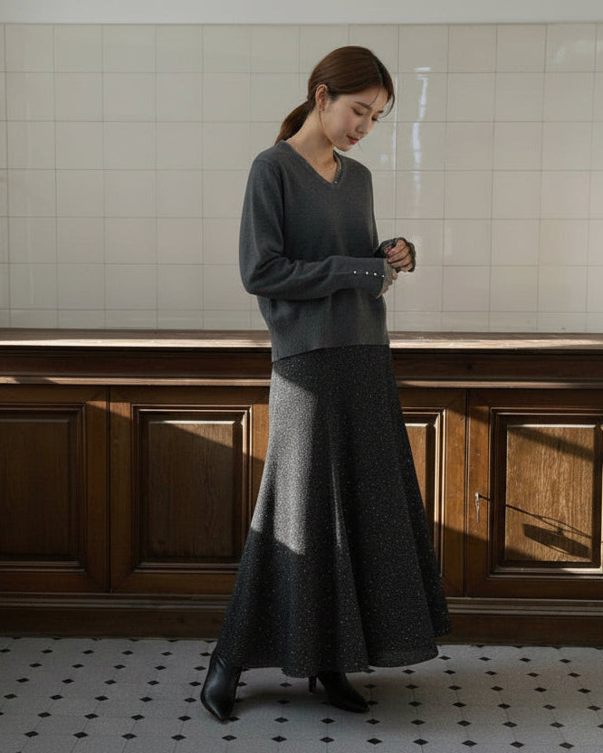 【即納】シアーレイヤードVネックパールニットトップス