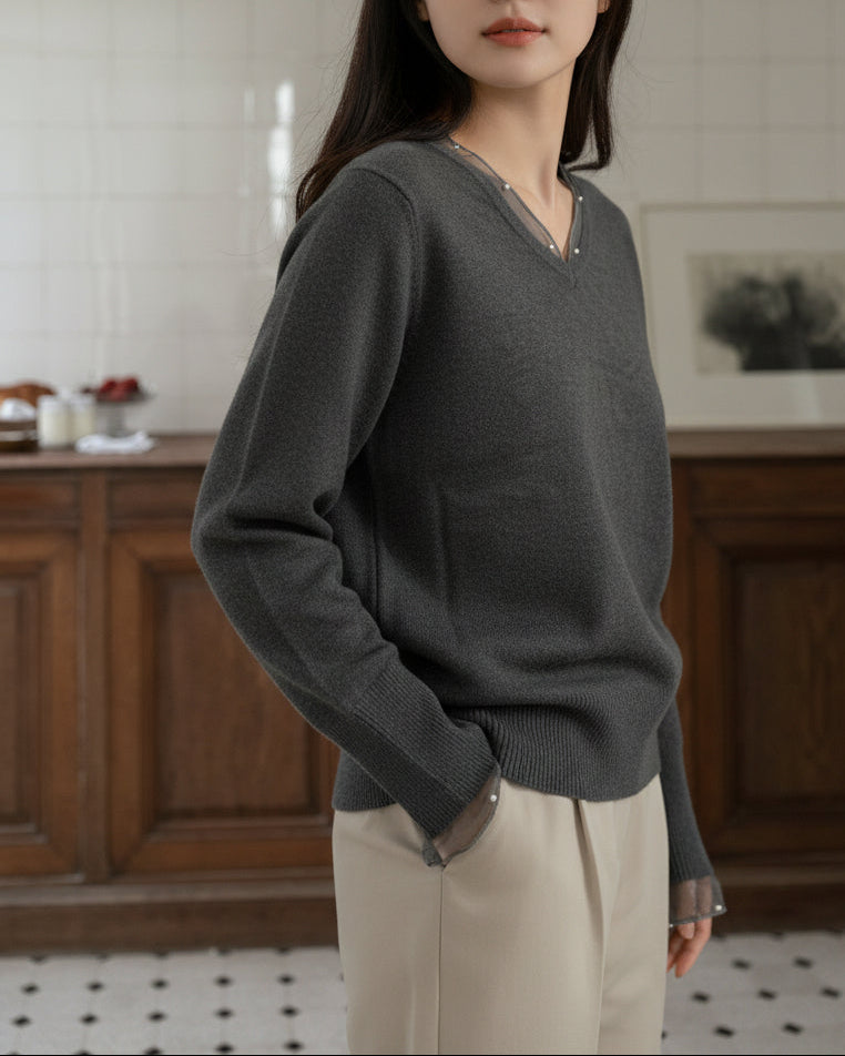 【即納】シアーレイヤードVネックパールニットトップス